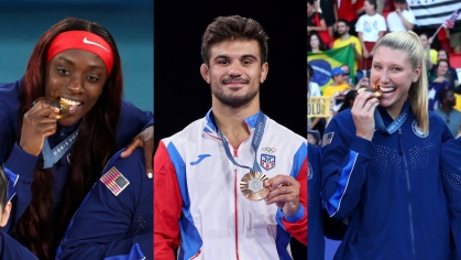 From left, Kahleah Copper, Sebastian Rivera, and Casey Murphy pose in Paris with their Olympic medals.