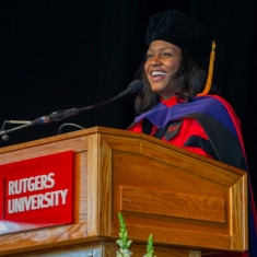 New Jersey Supreme Court Associate Justice Fabiana Pierre-Louis address the 2024 Rutgers Law School in Camden commencement ceremony