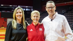 Lauren Sisler with Rutgers Deputy Athletic Director Kate Hickey and alumnus Creighton Drury RC'92